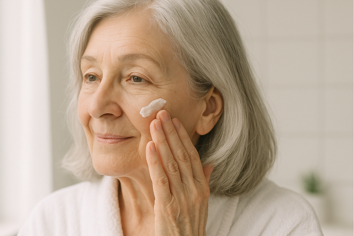 woman ,white, age 70, putting on face cream